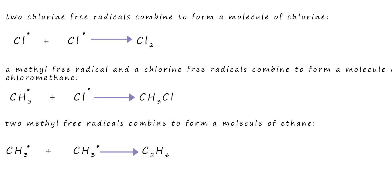 Equations for the termination steps in the free radical reaction of chlorine and methane.